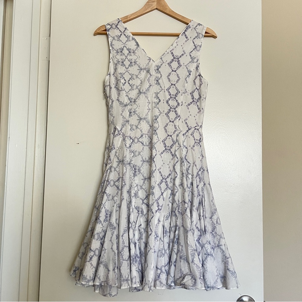 Rebecca Taylor Ikat Tie Dye Print Cotton Fit & Flare Blue Cream Mini Dress sz 0 - Picture 9 of 11